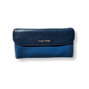 Miu Miu Two Tone Blue Leather Fold Over Continental Long Wallet Gold Logo